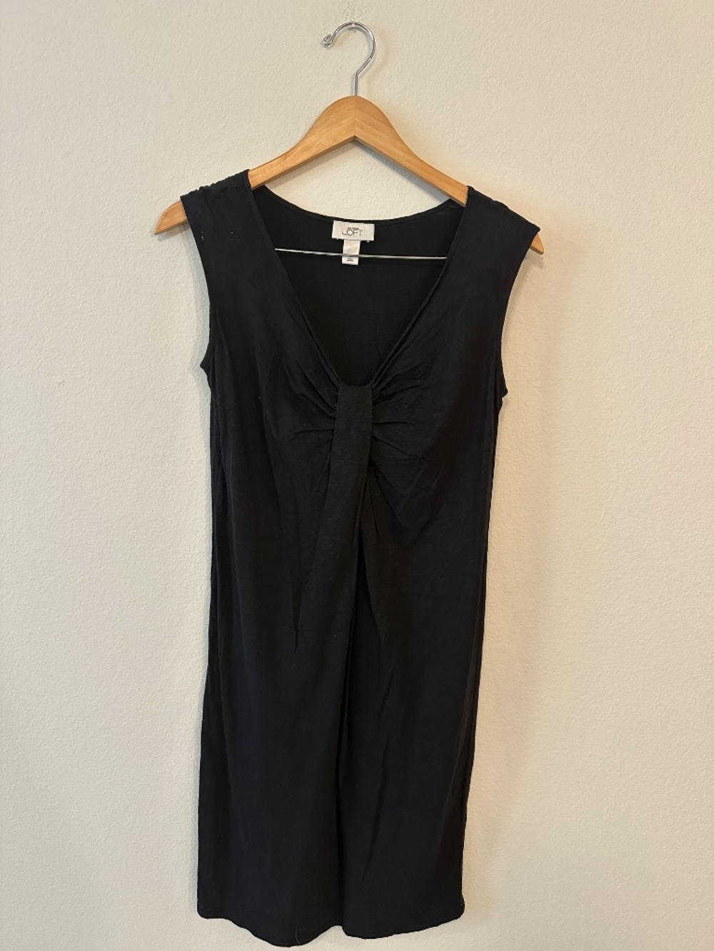 LOFT Black Sleeveless Ruched Tie Front Stretch Knit Dress Women's S